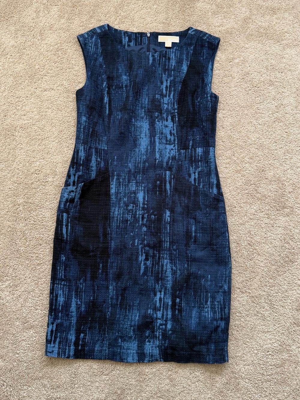 Michael Kors sleeveless sheath dress blue navy abstract brushstroke size 8